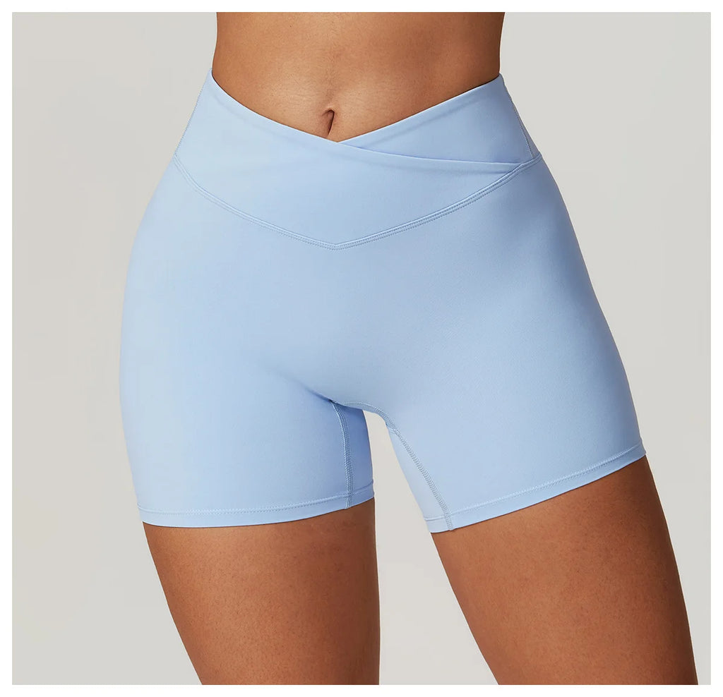 Crossover-Waist Booty Lift Shorts - Sky Blue