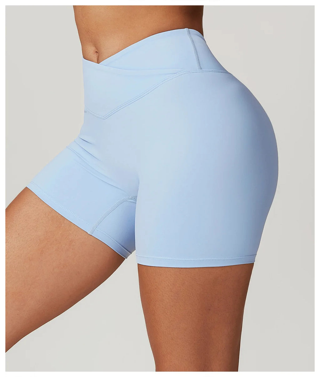 Crossover-Waist Booty Lift Shorts - Sky Blue