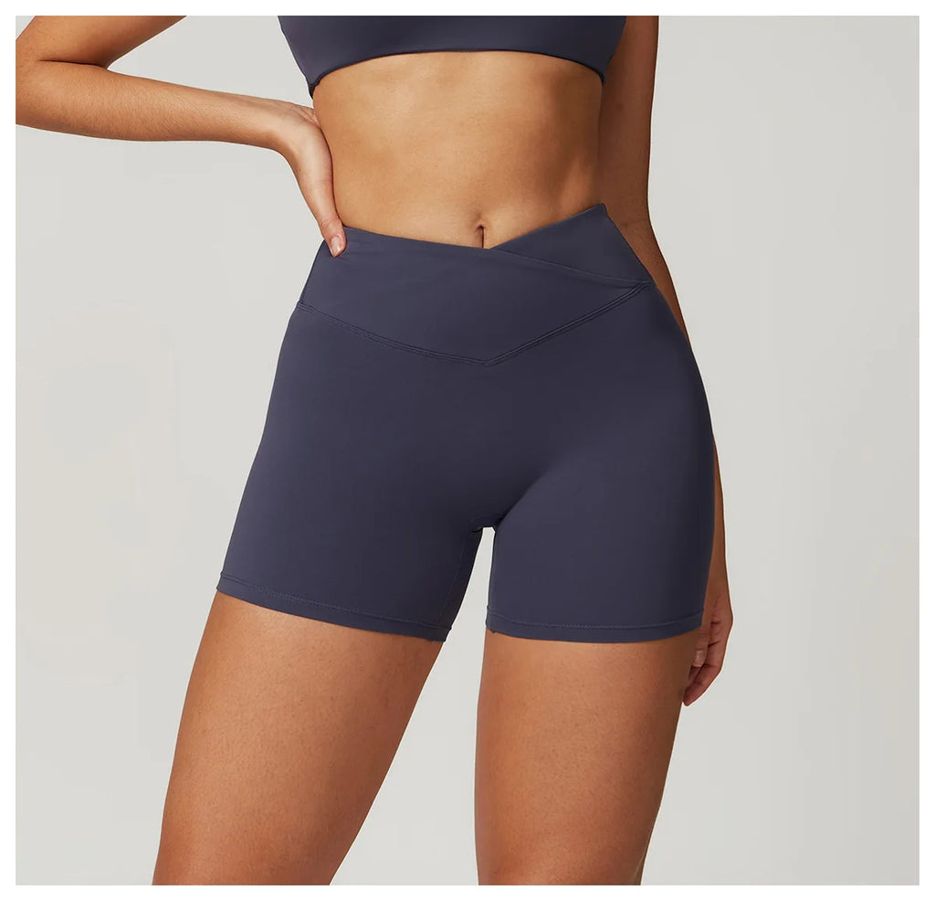 Crossover-Waist Booty Lift Shorts - Blue Gray